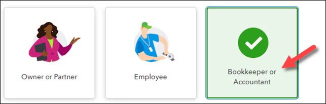 Screen with three options showing: Owner or Partner, Employee, and Bookkeeper or Accountant (chosen)
